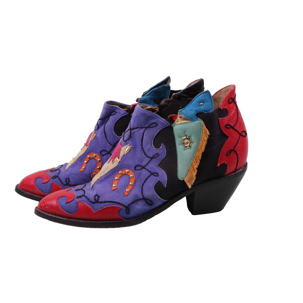 Vintage Zalo Cowboy Suede Leather Booties Suede Horse Multicolor Boots Size 7.5M